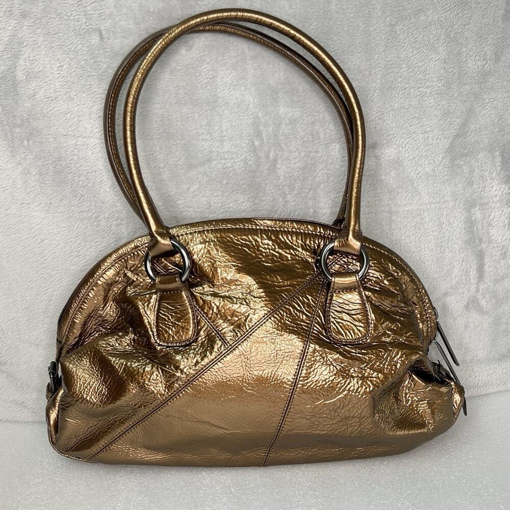 HOBO International Bronze Shiny Leather Double Handle Shoulder Bag Purse Satchel
